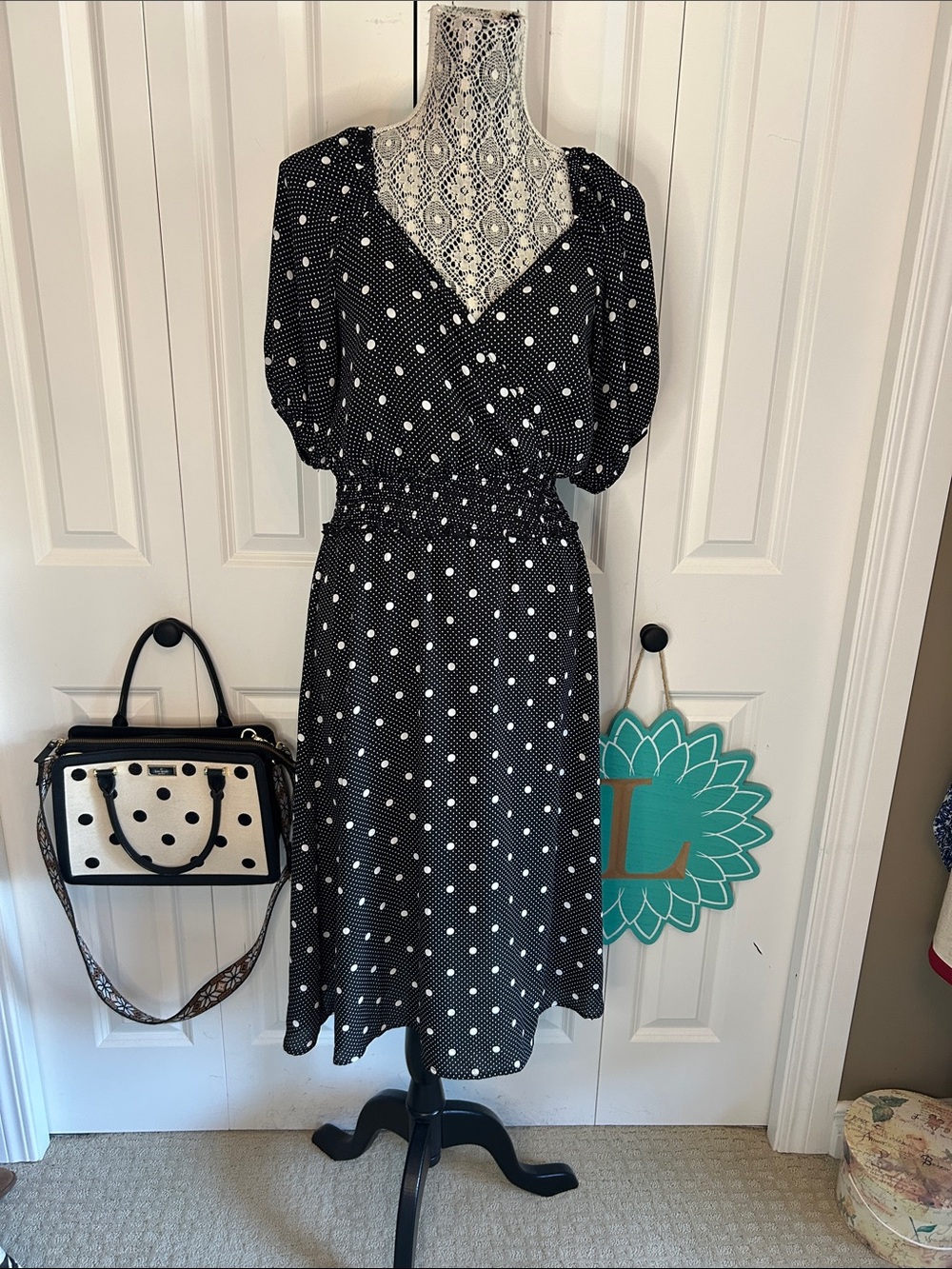 Sienna Sky Black and White Polka Dot Midi Sundress - Size Medium